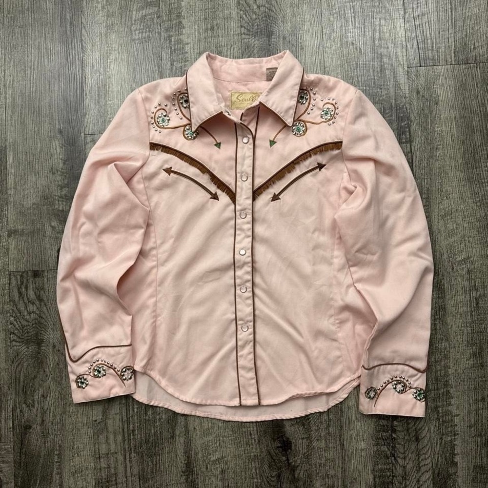 Scully Pearl Snap Shirt Western Rodeo Cowgirl Embroidered Pink L